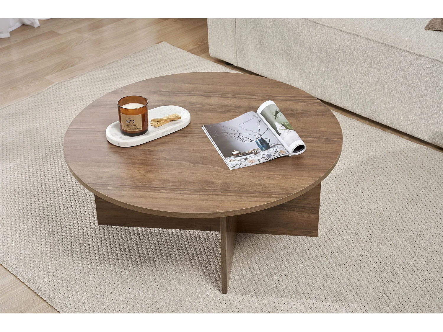 Table basse en bois "Soleil" - 90 x 90 x 40 cm - Noyer