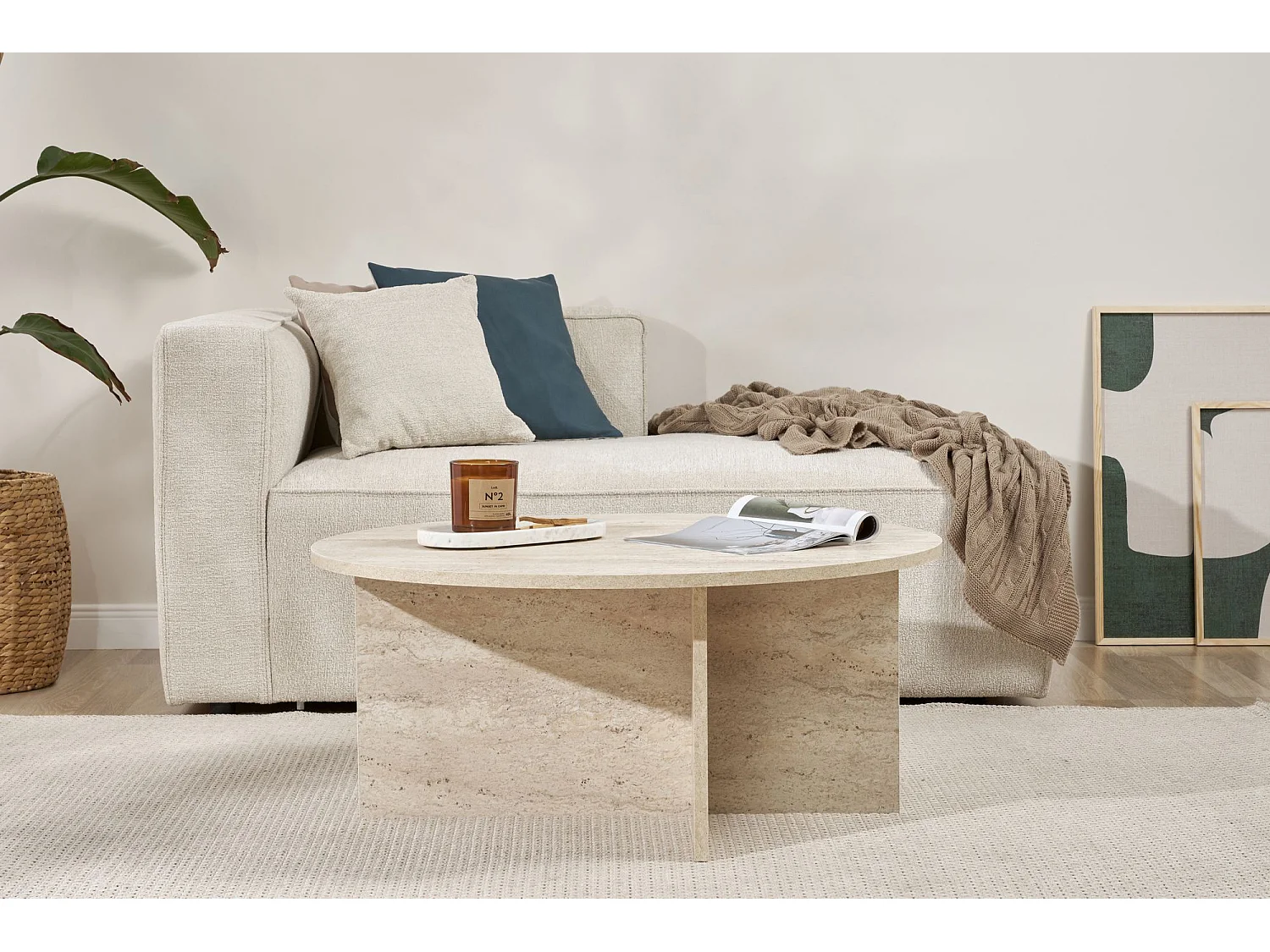 Table basse en bois "Soleil" - 90 x 90 x 40 cm - Travertin