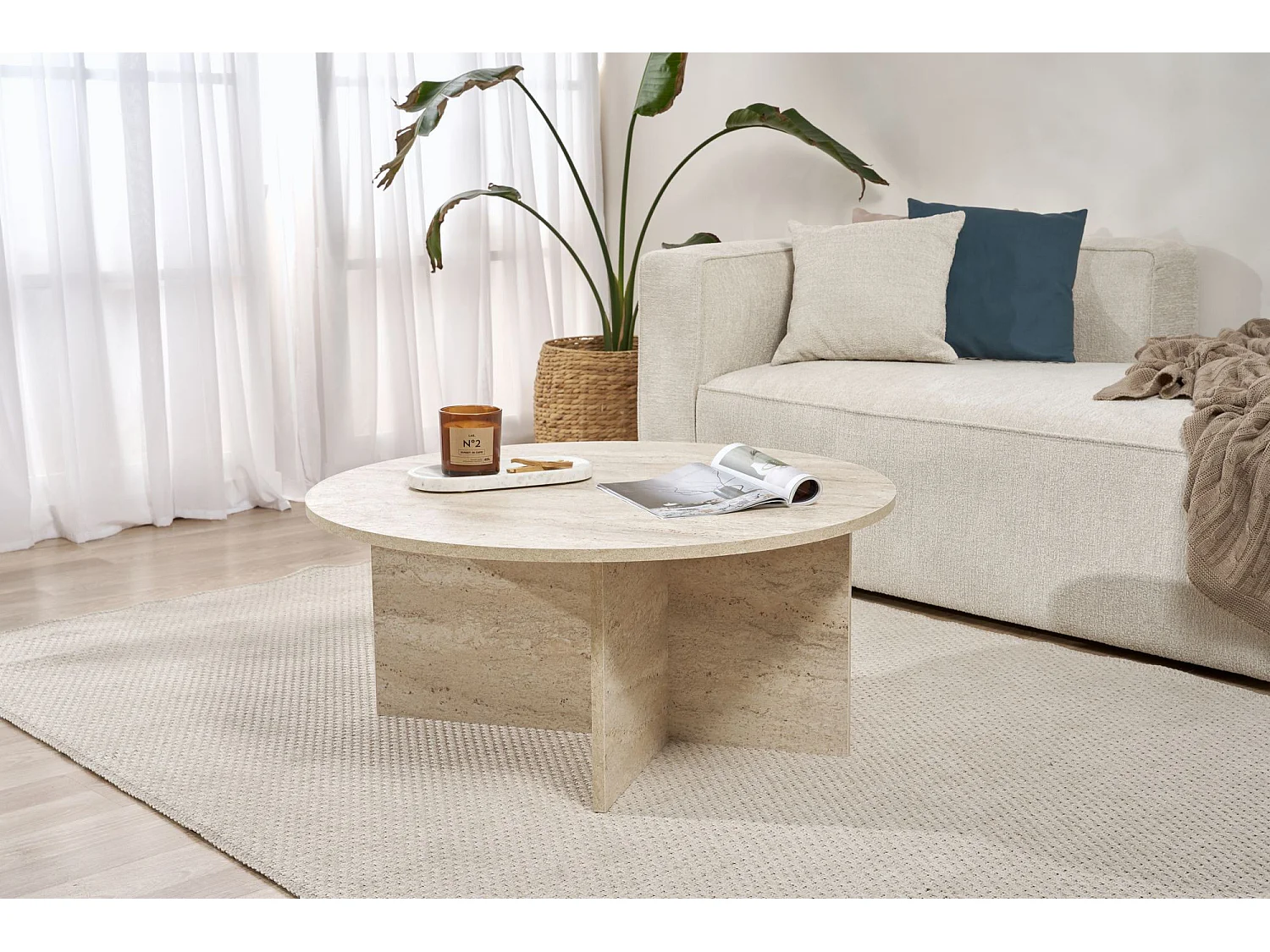 Table basse en bois "Soleil" - 90 x 90 x 40 cm - Travertin