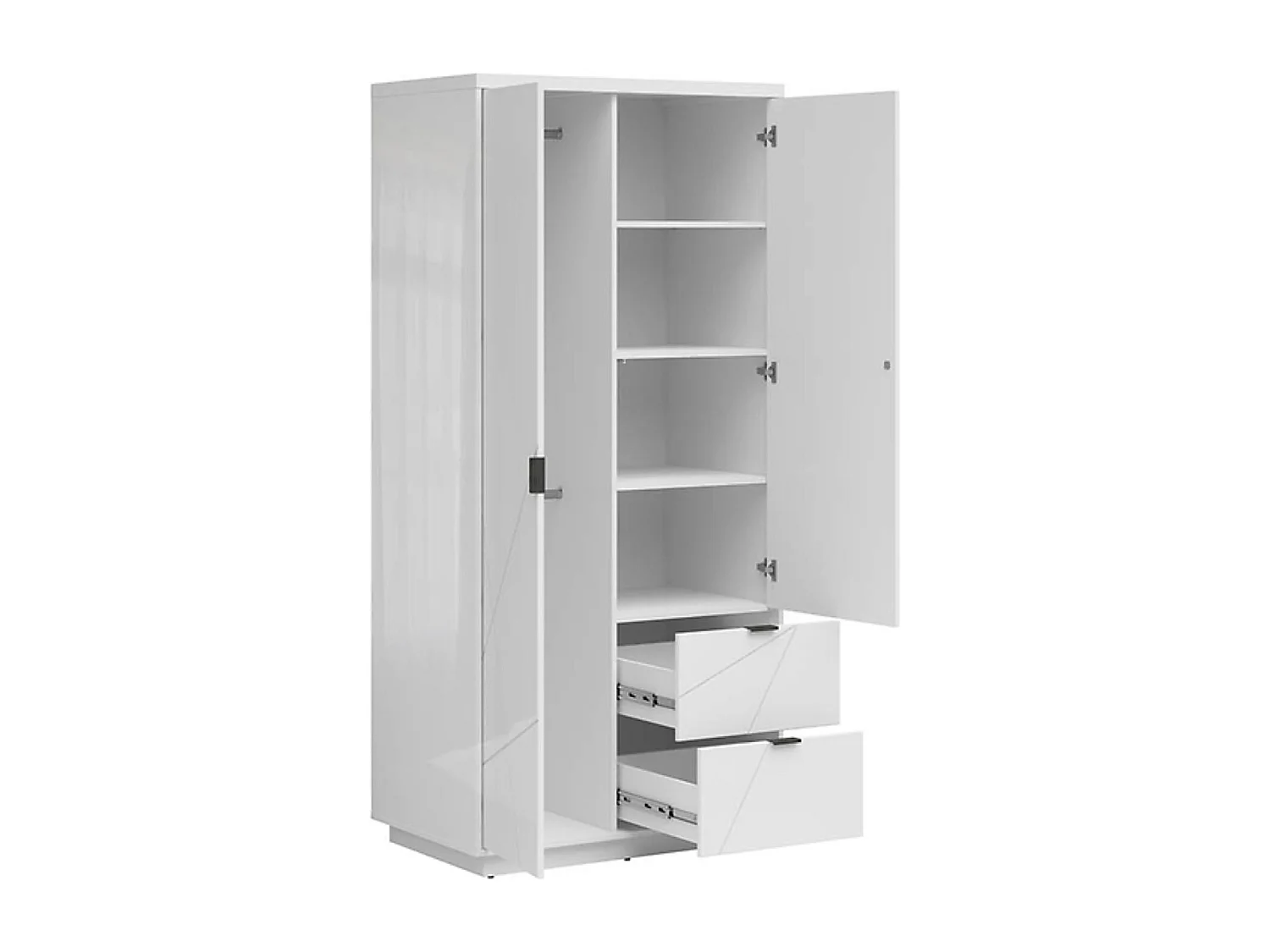 Armoire à double porte avec 2 tiroirs , coloris Blanc brillant/Blanc haute brillance - Longueur 94 x Profondeur 56,5 x Hauteur 200,5 cm