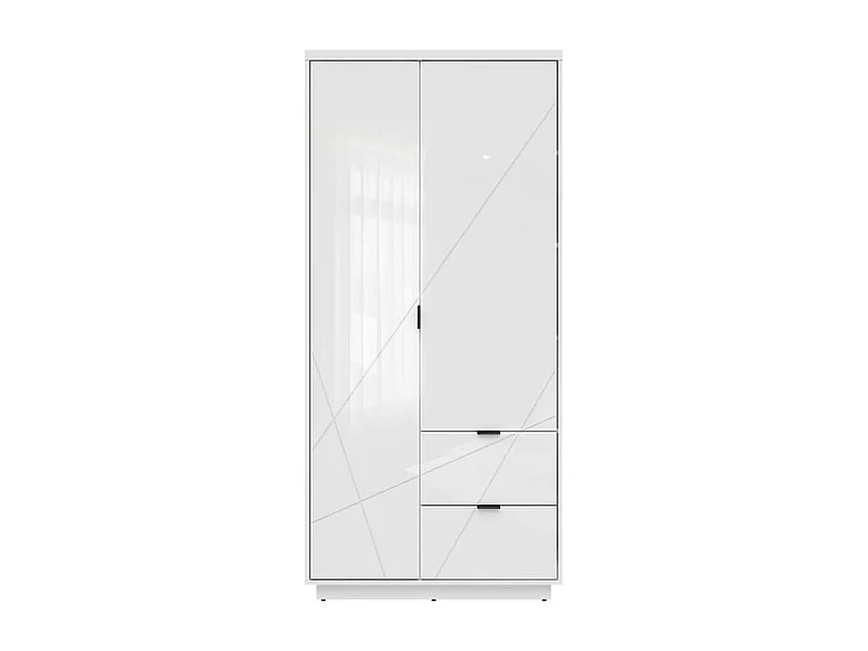 Armoire à double porte avec 2 tiroirs , coloris Blanc brillant/Blanc haute brillance - Longueur 94 x Profondeur 56,5 x Hauteur 200,5 cm