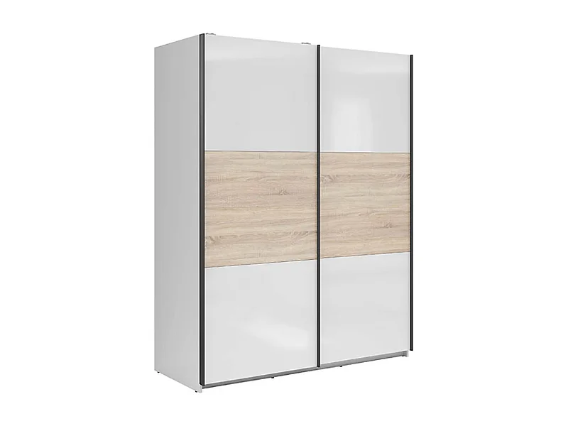 Armoire à 2 portes coulissante coloris Blanc brillant/Chêne sonoma - Longueur 153,5 x Profondeur 60 x Hauteur 195,5 cm