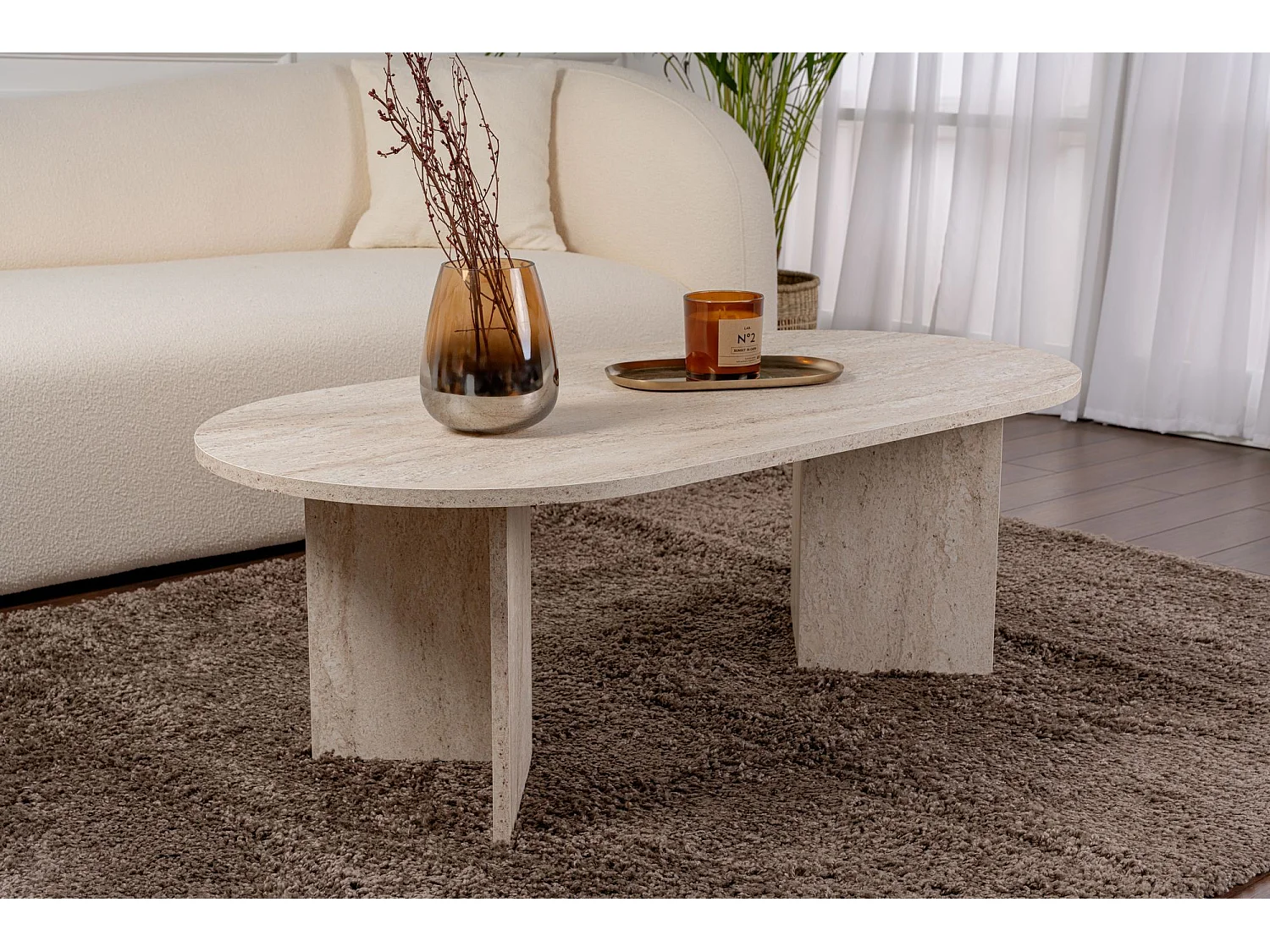 Table basse en bois "Sable" - 60 x 119 x 40 cm - Travertin