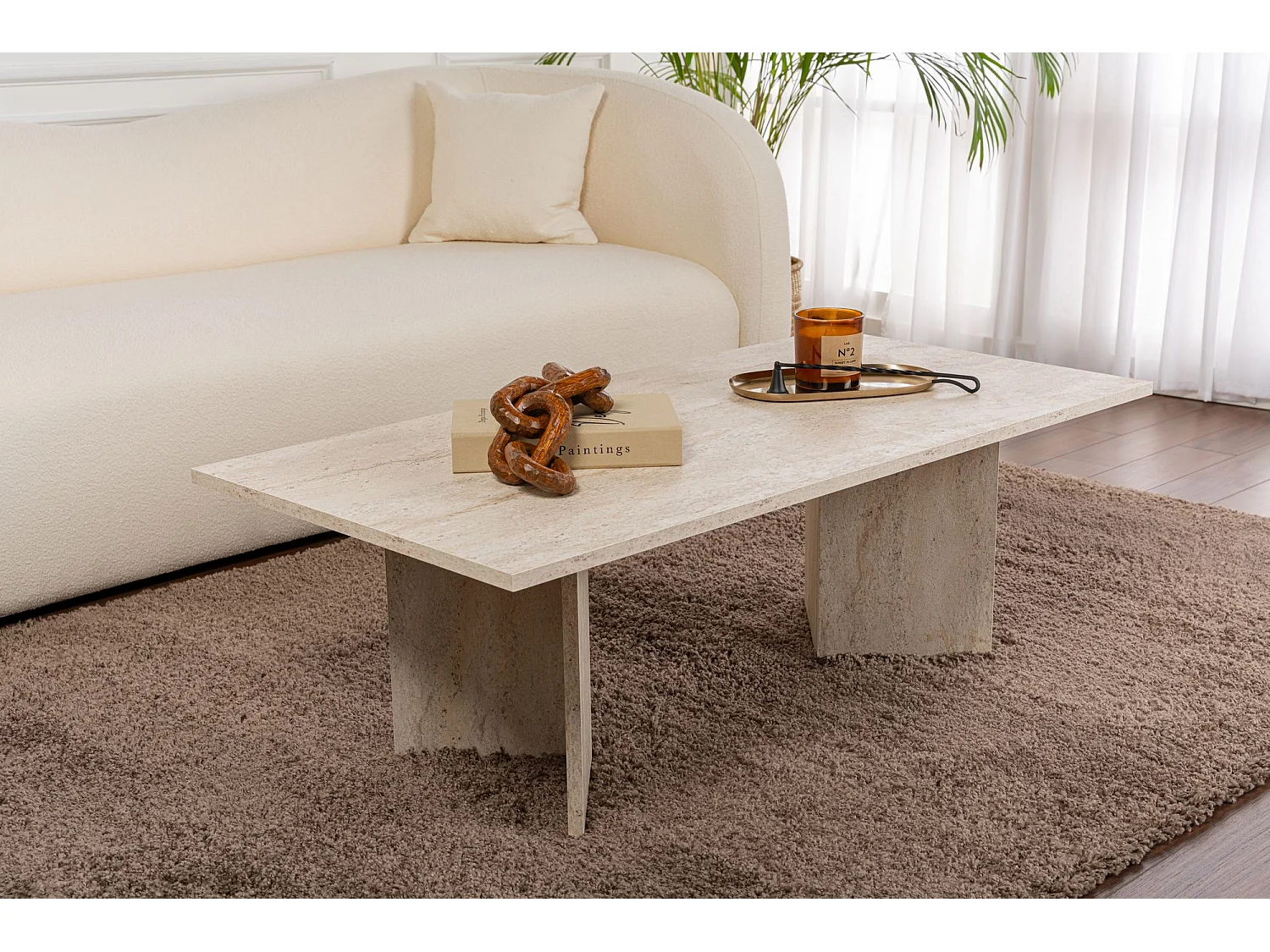 Table basse en bois "Sabin" - 60 x 119 x 40 cm - Travertin