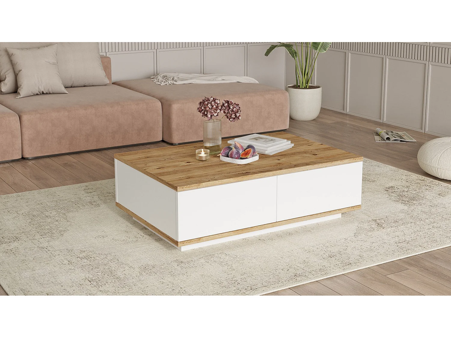 Table basse en bois "FR14" - 90 x 60 x 28 cm - Pin atlantiqueBlanc