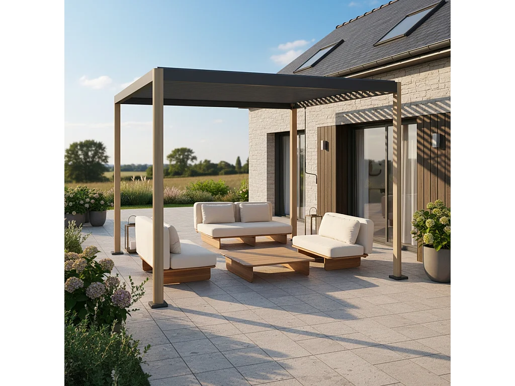 Pergola bioclimatica con piedini arrotondati in alluminio e acciaio e