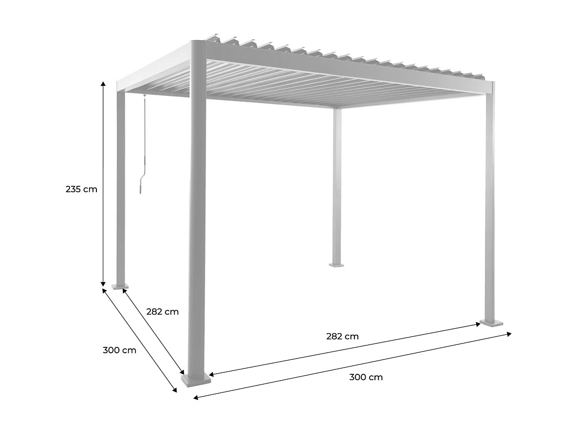 Pergola bioclimatica con piedini arrotondati in alluminio e acciaio e