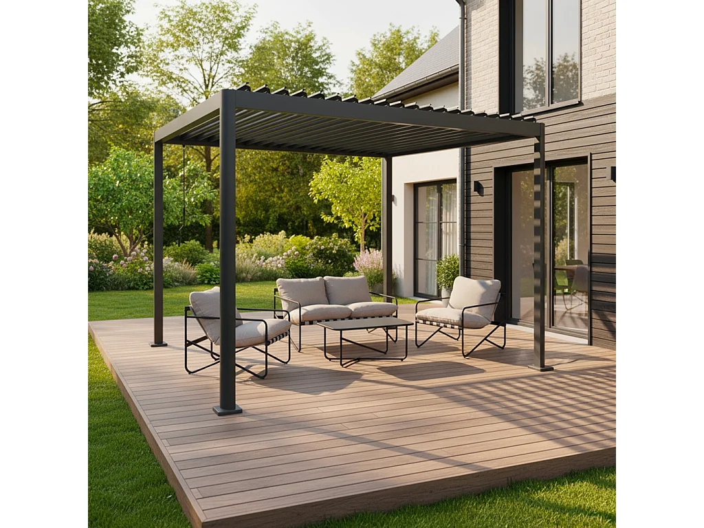 Pergola bioclimatica con piedini arrotondati in alluminio e acciaio e