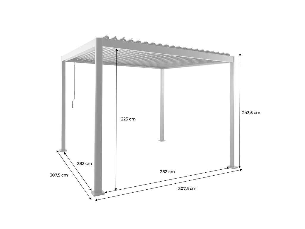 Pergola bioclimatica 3x3 con piedini arrotondati in alluminio e acciaio e lamelle orientabili