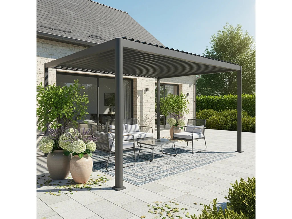 Pergola bioclimatica con piedini arrotondati in alluminio e acciaio e