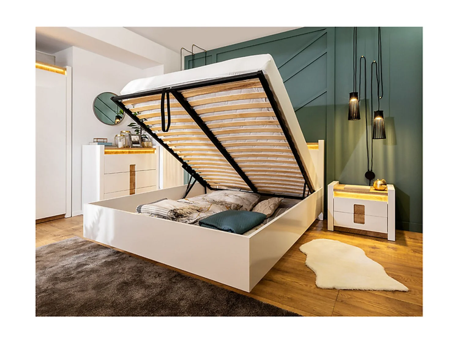 Lit coffre 160x200 avec sommier et rangement + LED, coloris Blanc brillant/Chêne clair - Longueur 208,5 x Profondeur 165,5 x Hauteur 42,5-104 cm