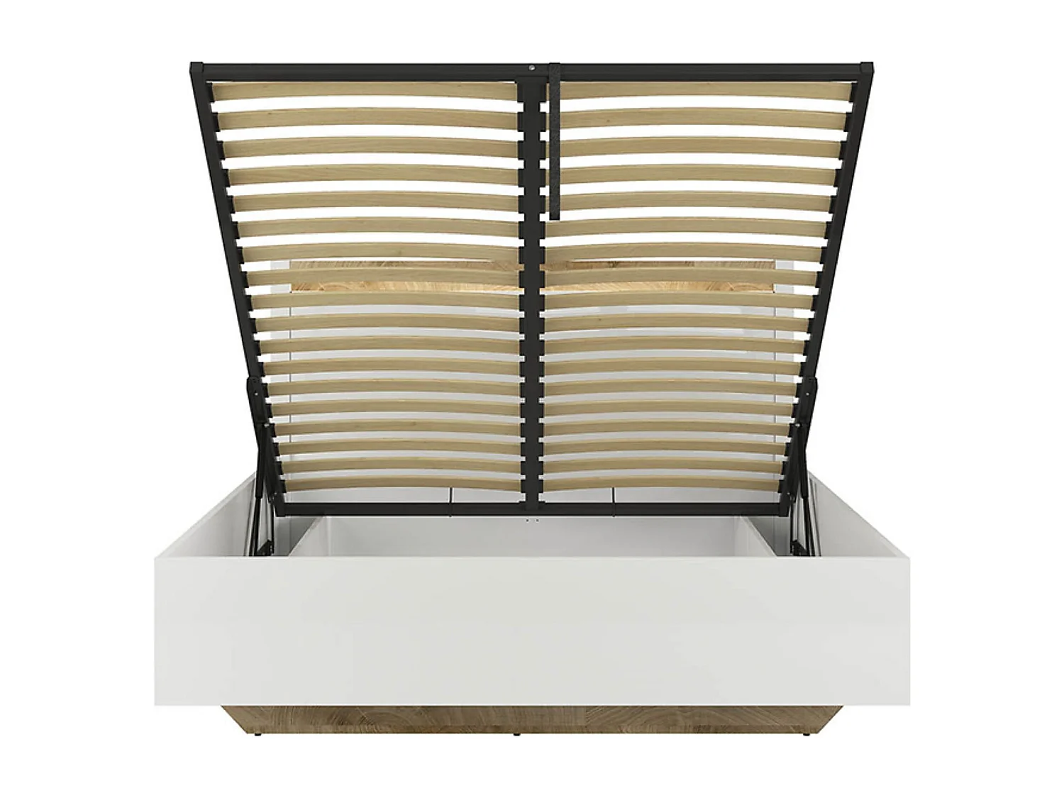 Lit coffre 160x200 avec sommier et rangement + LED, coloris Blanc brillant/Chêne clair - Longueur 208,5 x Profondeur 165,5 x Hauteur 42,5-104 cm