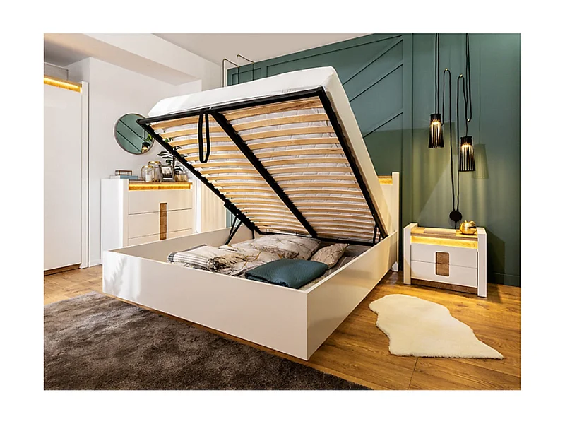 Lit coffre 160x200 avec sommier et rangement + LED, coloris Blanc brillant/Chêne clair - Longueur 208,5 x Profondeur 165,5 x Hauteur 42,5-104 cm
