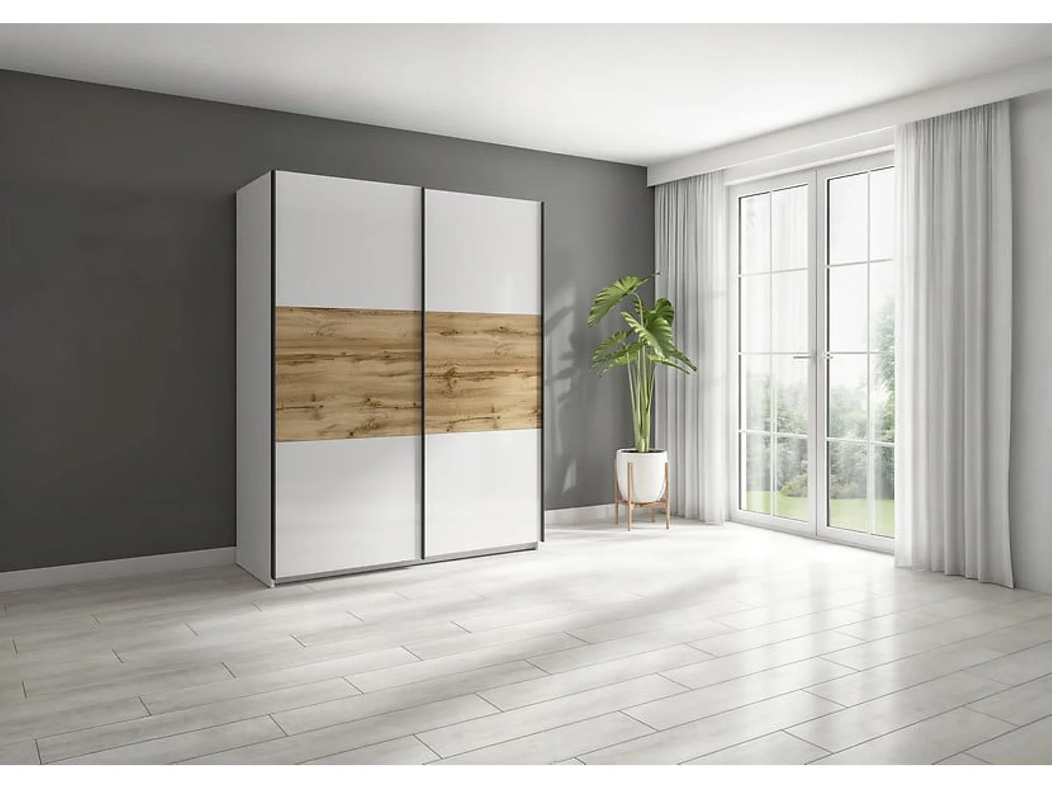 Armoire à 2 portes coulissante coloris Blanc brillant/Chêne wotan - Longueur 153,5 x Profondeur 60 x Hauteur 195,5 cm