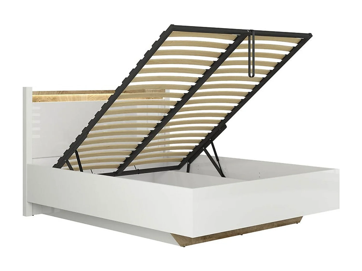 Lit coffre 140x200 avec sommier et rangement + LED, coloris Blanc brillant/Chêne clair - Longueur 208,5 x Profondeur 145,5 x Hauteur 42,5-104 cm