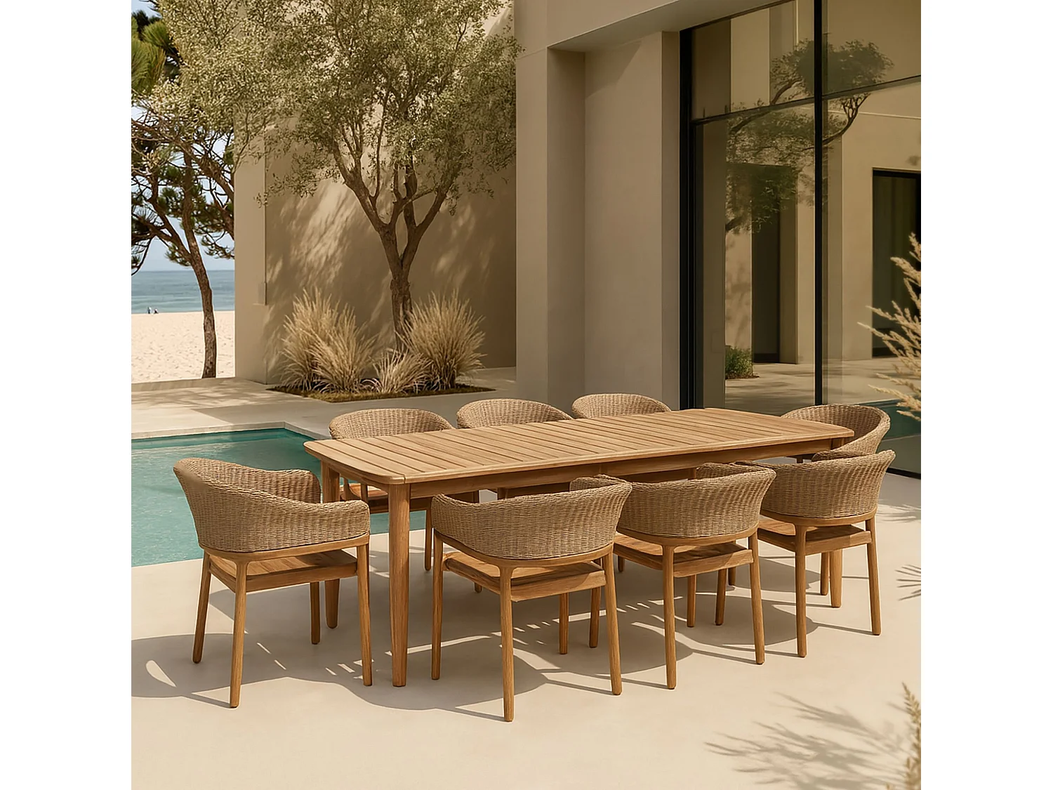 Now's Home - Ensemble Table 230cm + 8 Faut/table Acacia  Miel Resine Tressee Alhambra