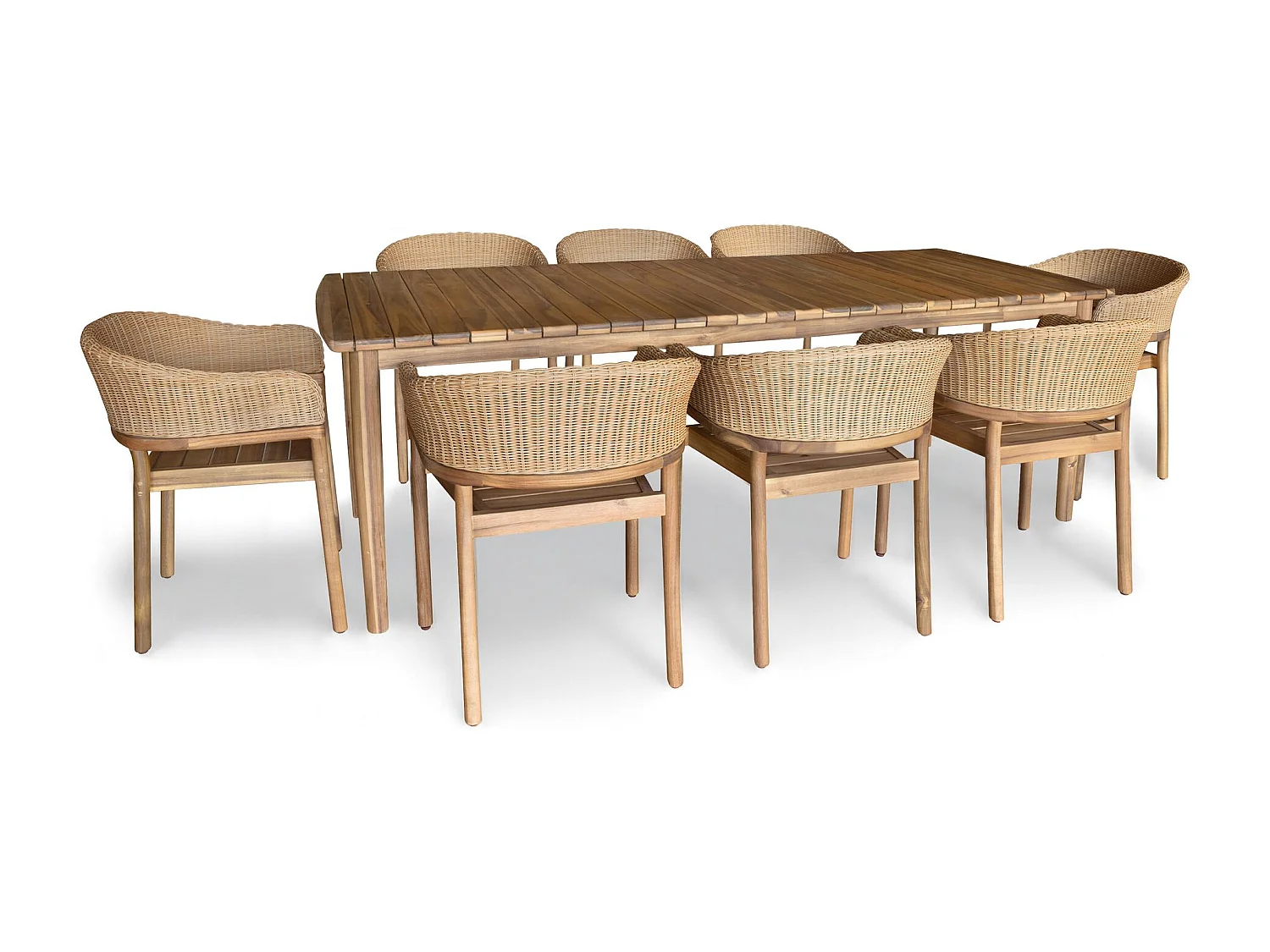 Now's Home - Ensemble Table 230cm + 8 Faut/table Acacia  Miel Résine Tréssée Alhambra