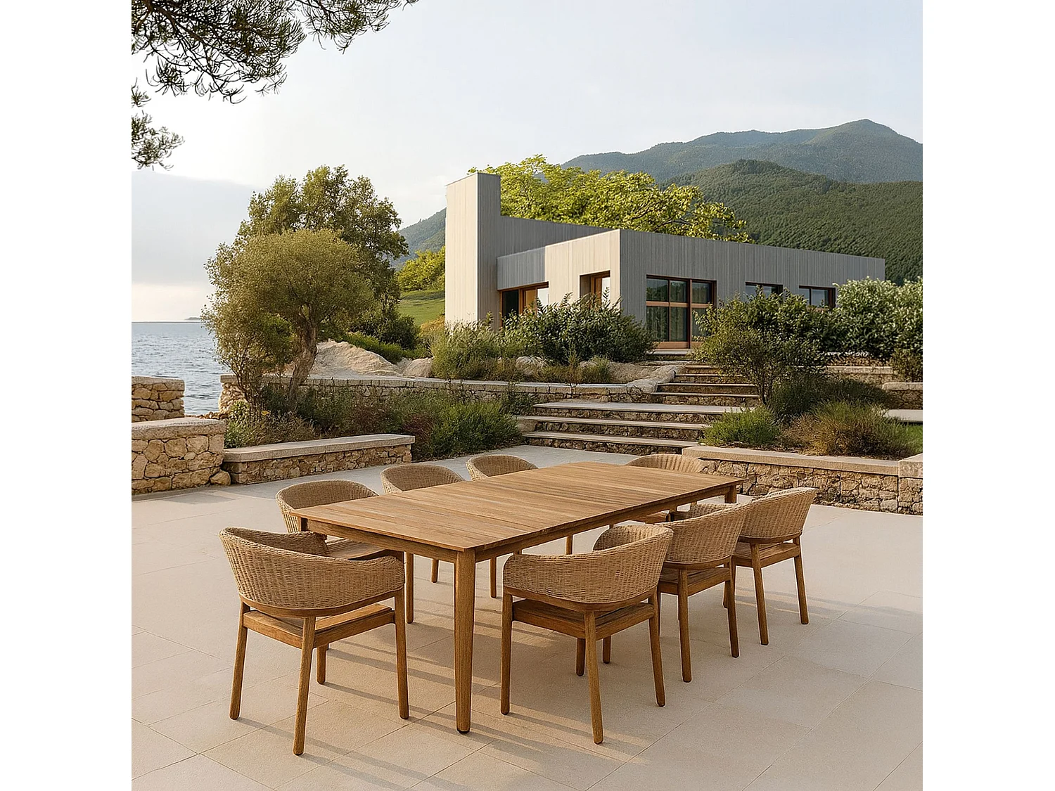 Now's Home - Ensemble Table 230cm + 8 Faut/table Acacia  Miel Résine Tréssée Alhambra