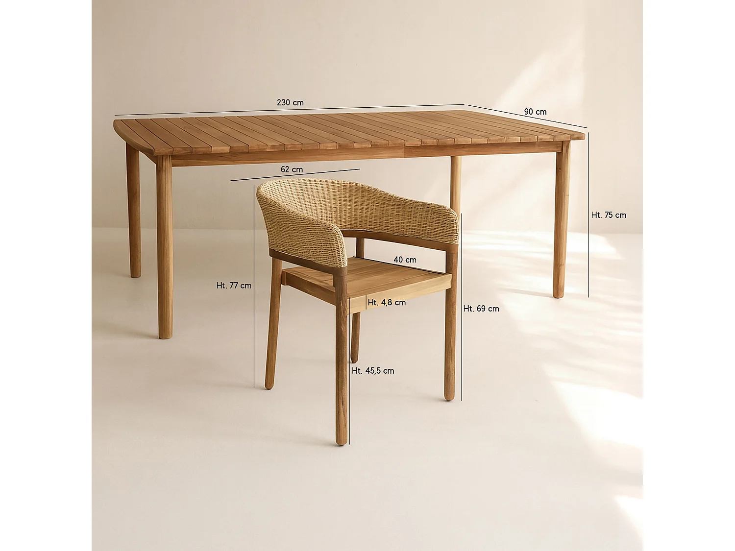 Now's Home - Ensemble Table 230cm + 8 Faut/table Acacia  Miel Résine Tréssée Alhambra