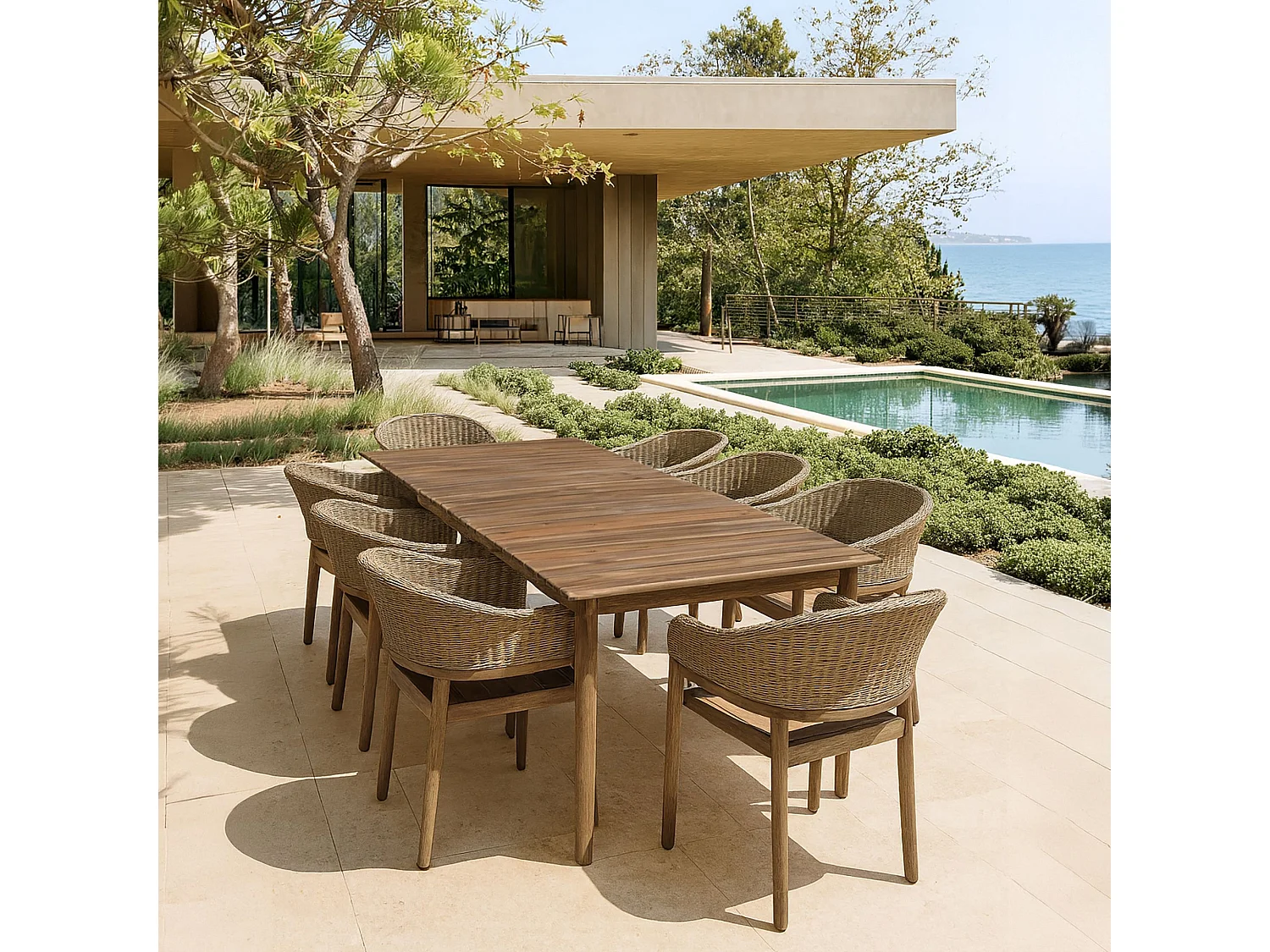 Now's Home - Ensemble Table 230cm + 8 Faut/table Acacia Brun Resine Tressee Alhambra