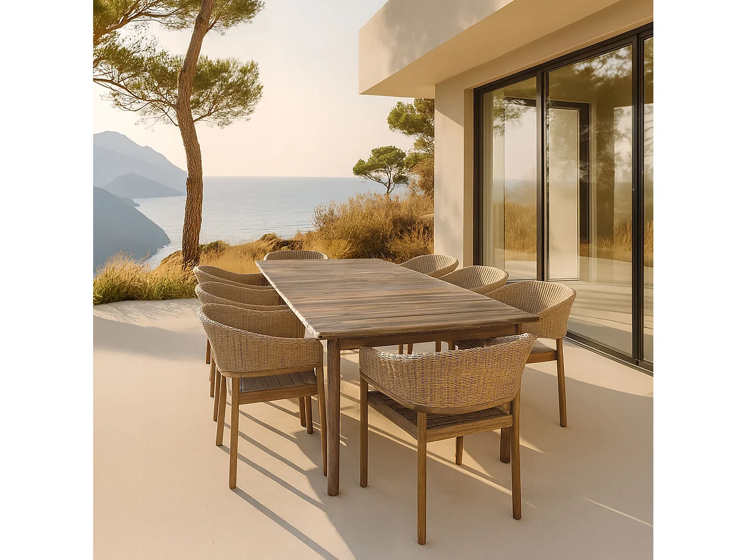 Now's Home - Ensemble Table 230cm + 8 Faut/table Acacia Brun Resine Tressee Alhambra