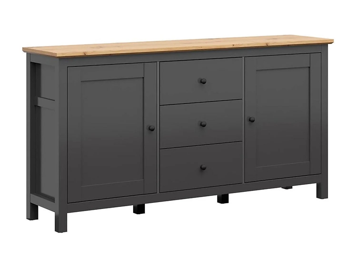 commode Buffet à 2 portes et 3 tiroirs, coloris Gris graphite/Chêne artisan - Longueur 186 x Profondeur 44 x Hauteur 96 cm