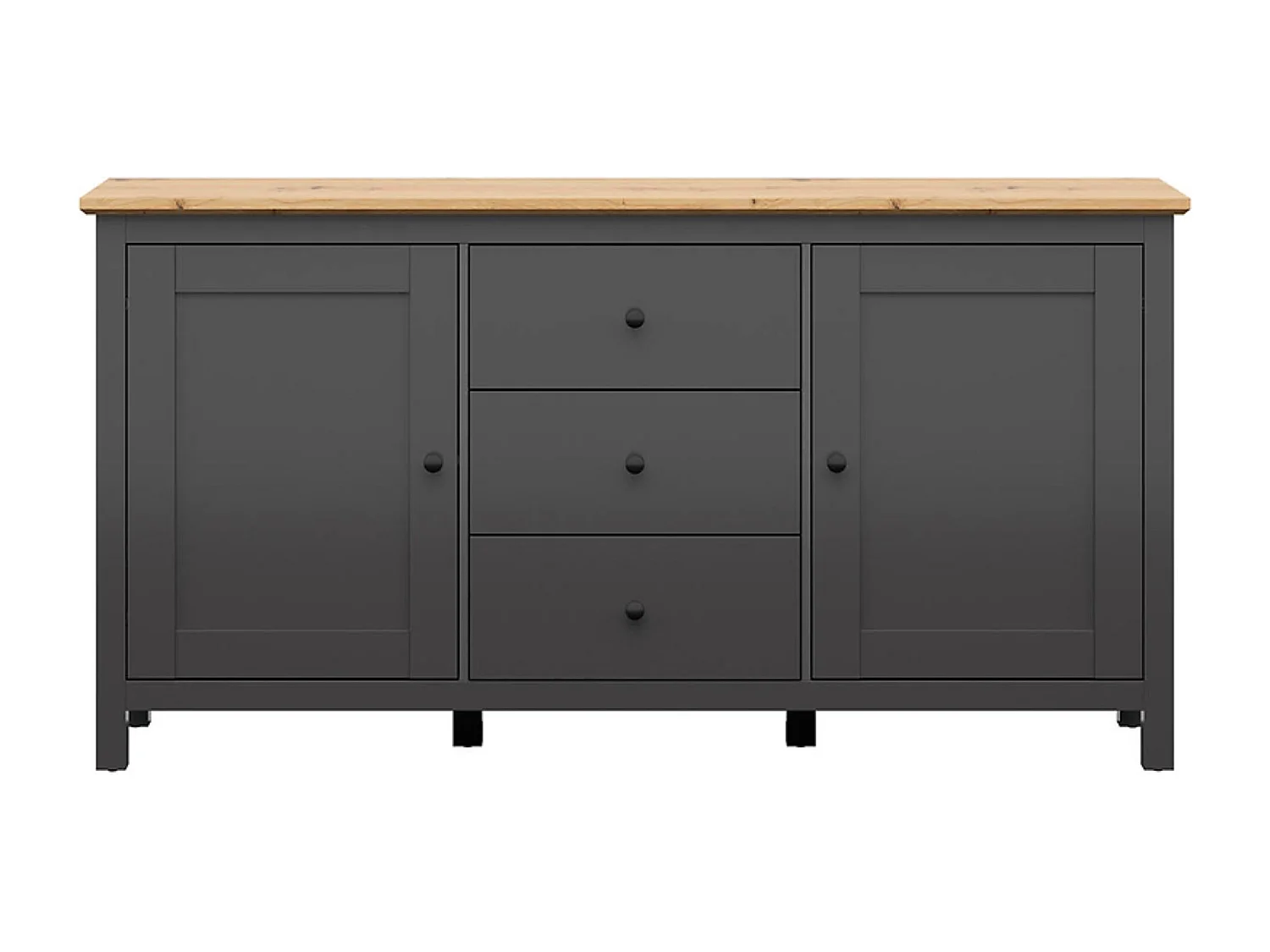commode Buffet à 2 portes et 3 tiroirs, coloris Gris graphite/Chêne artisan - Longueur 186 x Profondeur 44 x Hauteur 96 cm