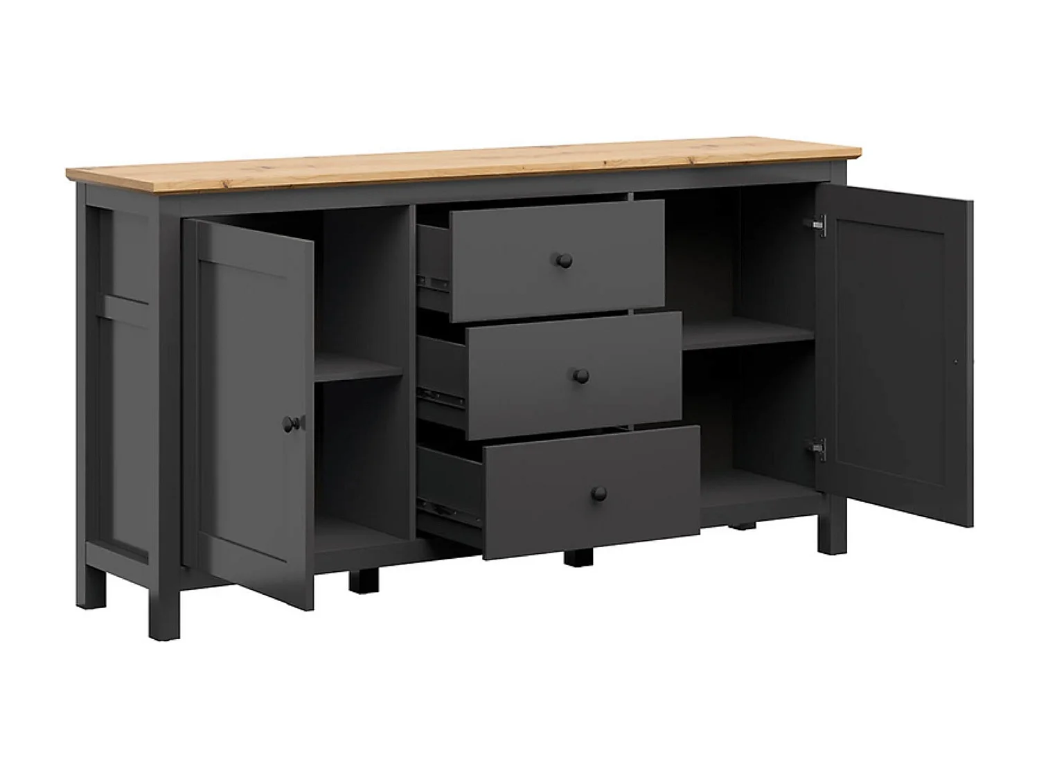 commode Buffet à 2 portes et 3 tiroirs, coloris Gris graphite/Chêne artisan - Longueur 186 x Profondeur 44 x Hauteur 96 cm