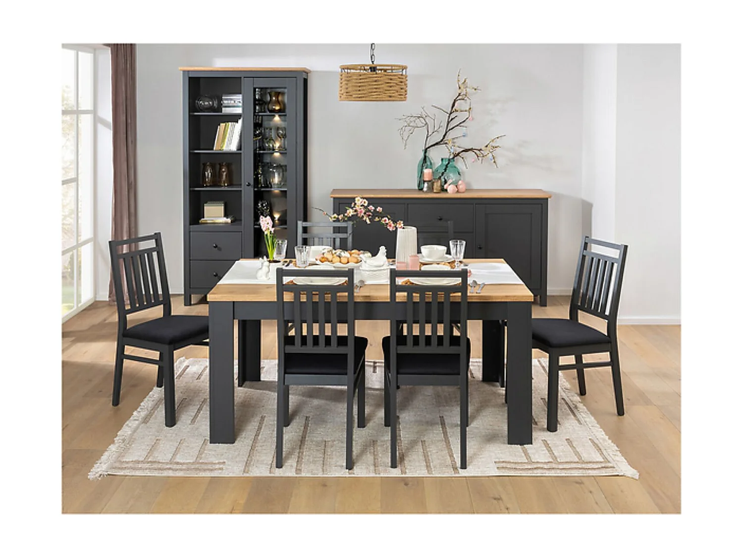 commode Buffet à 2 portes et 3 tiroirs, coloris Gris graphite/Chêne artisan - Longueur 186 x Profondeur 44 x Hauteur 96 cm