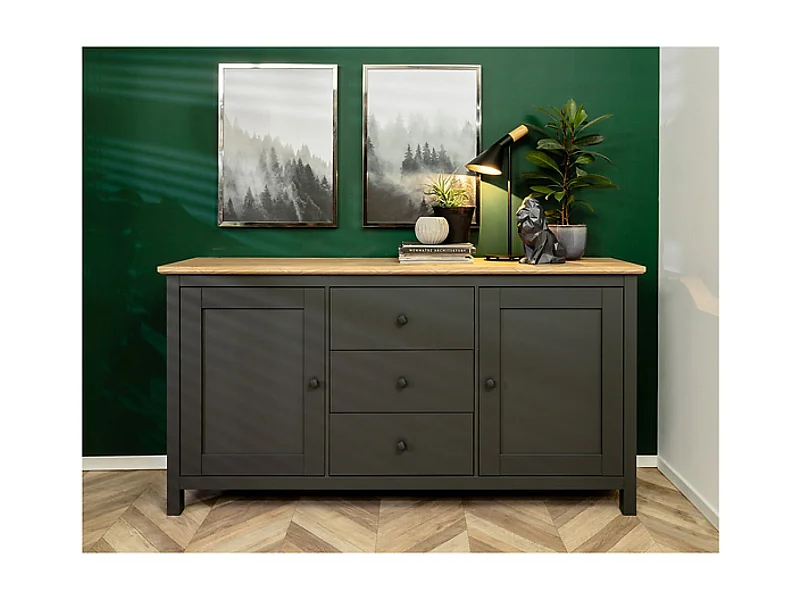 commode Buffet à 2 portes et 3 tiroirs, coloris Gris graphite/Chêne artisan - Longueur 186 x Profondeur 44 x Hauteur 96 cm