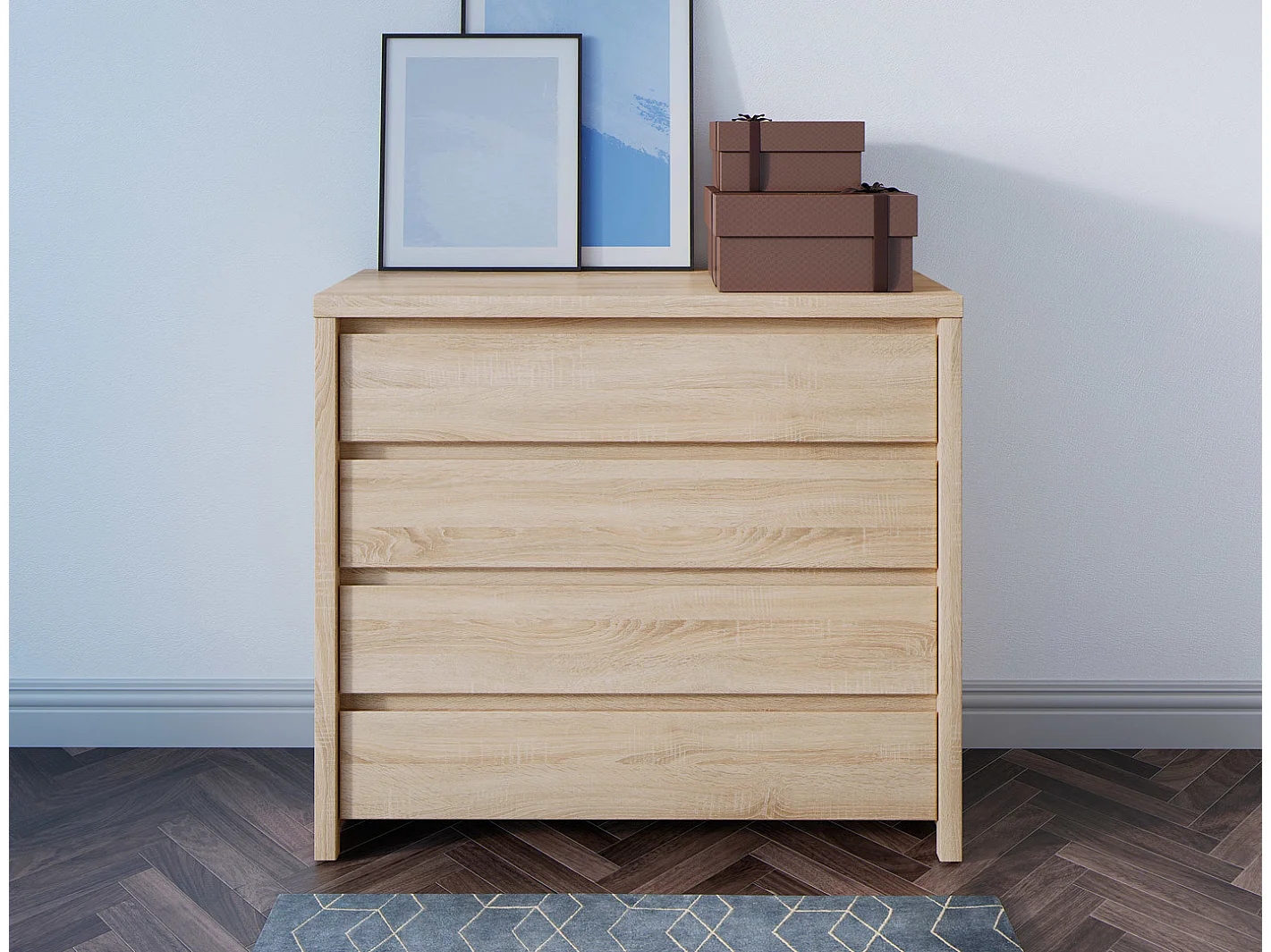 Commode Buffet Meuble de rangement à 4 tiroirs, coloris chêne Sonoma - Longueur 105 x Profondeur 40,5 x Hauteur 92 cm