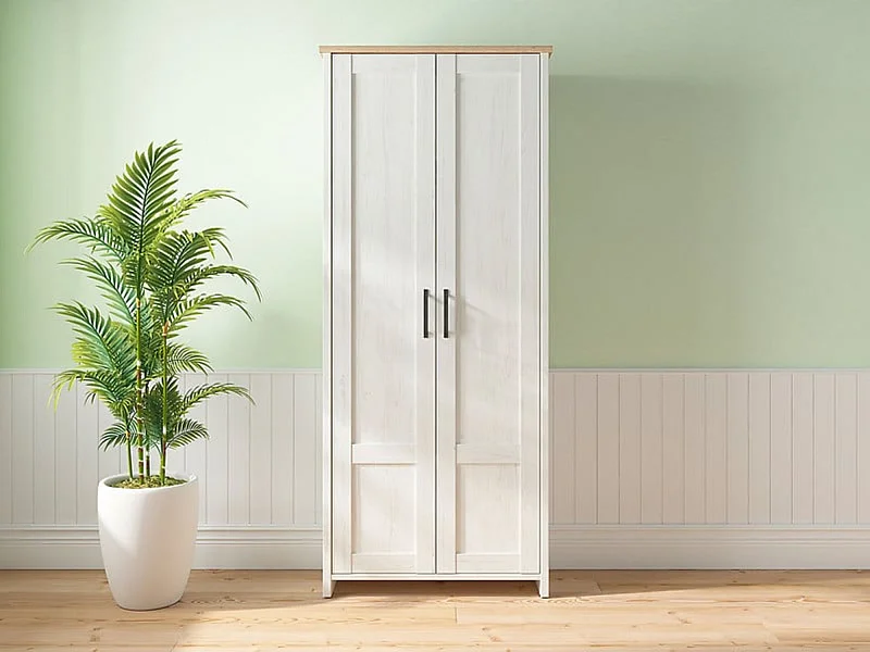 Armoire Placard à deux portes , coloris Blanc pin andersen/Chêne clair - Longueur 84,5 x Profondeur 36,5 x Hauteur 200,5 cm
