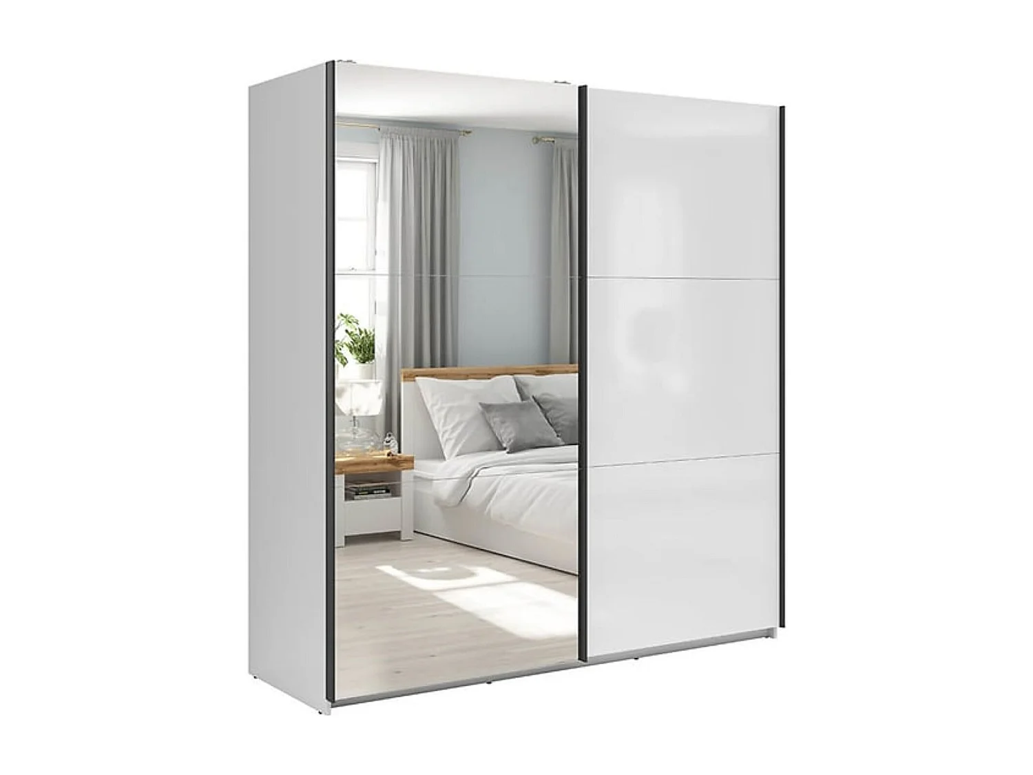 Armoire coulissante avec miroir coloris Blanc brillant - Longueur 183 x Profondeur 60 x Hauteur 195,5 cm