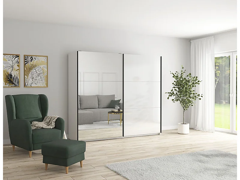 Armoire coulissante avec miroir coloris Blanc brillant - Longueur 183 x Profondeur 60 x Hauteur 195,5 cm