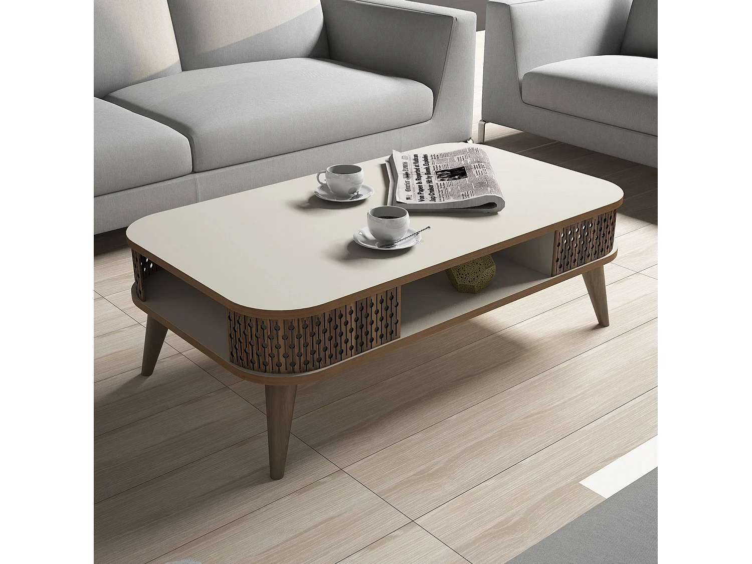 "Eylül" Träsoffbord - 105 x 60 x 34 cm - Kräm, Modern Stil, Med Förvaring