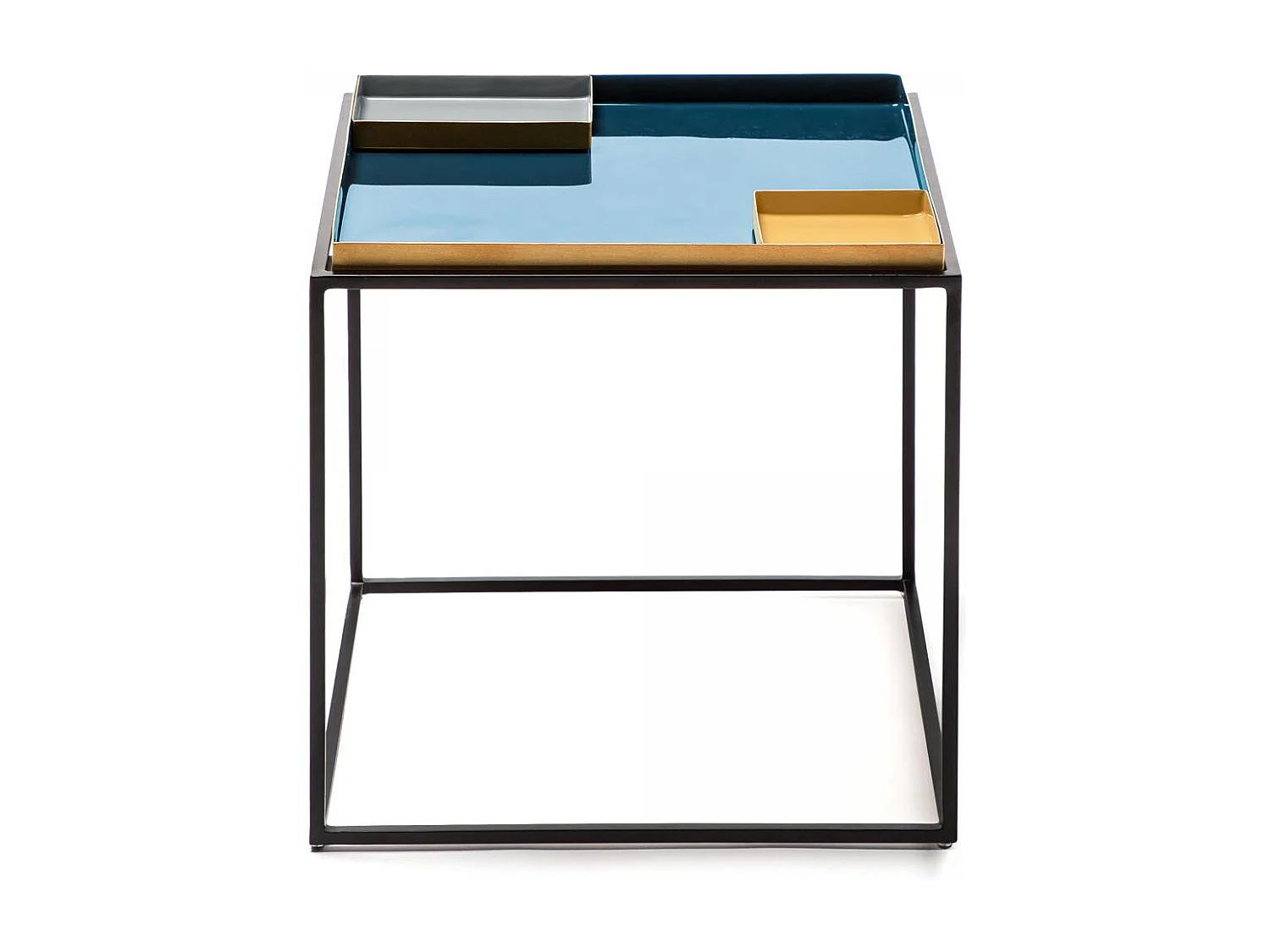 Table basse fait main en fer motif contemporain ECE 40x40 bleu et gris