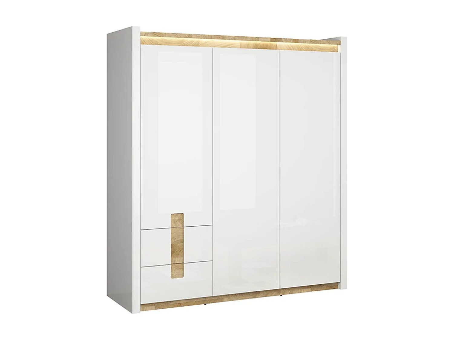 Armoire à 3 portes et 2 tiroirs, coloris Blanc brillant/Chêne clair - Longueur 180 x Profondeur 60 x Hauteur 201,5 cm