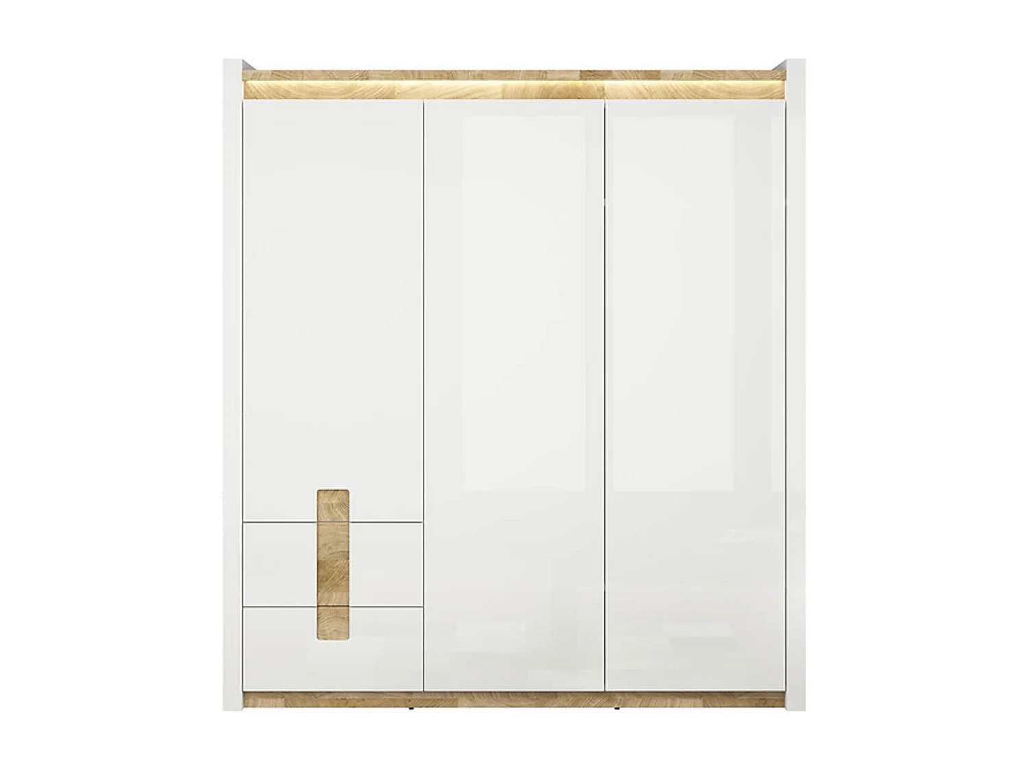 Armoire à 3 portes et 2 tiroirs, coloris Blanc brillant/Chêne clair - Longueur 180 x Profondeur 60 x Hauteur 201,5 cm