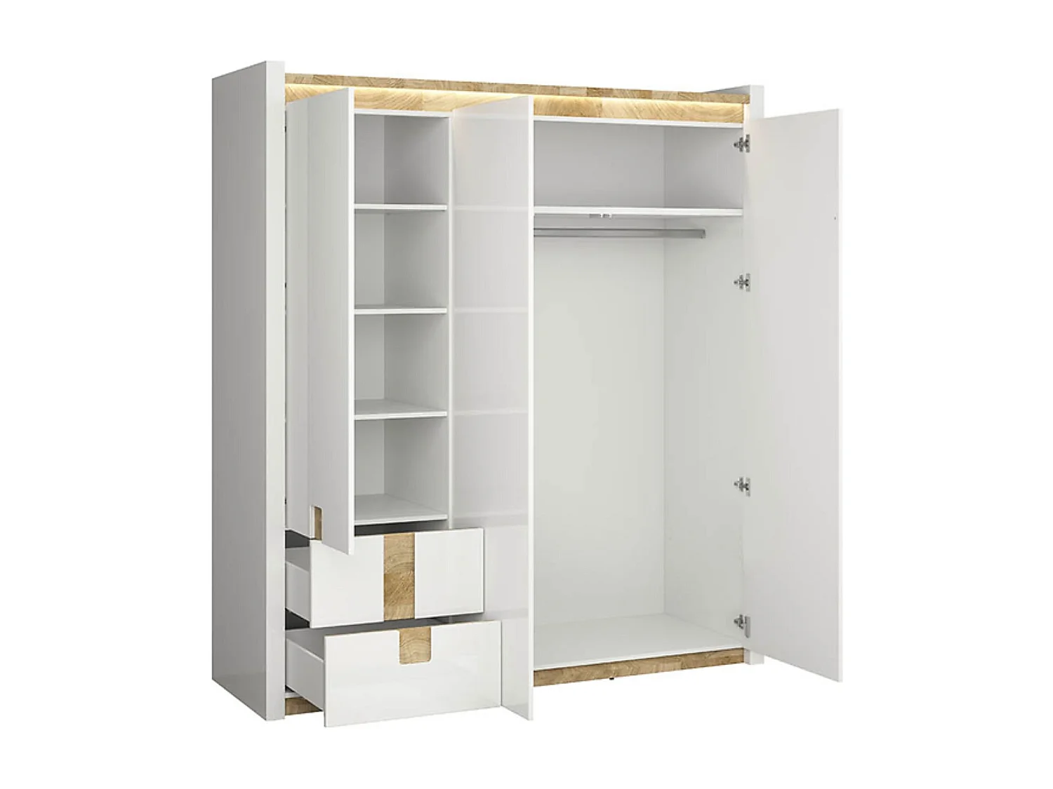Armoire à 3 portes et 2 tiroirs, coloris Blanc brillant/Chêne clair - Longueur 180 x Profondeur 60 x Hauteur 201,5 cm