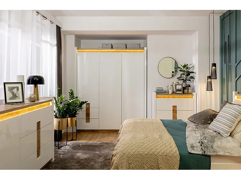 Armoire à 3 portes et 2 tiroirs, coloris Blanc brillant/Chêne clair - Longueur 180 x Profondeur 60 x Hauteur 201,5 cm