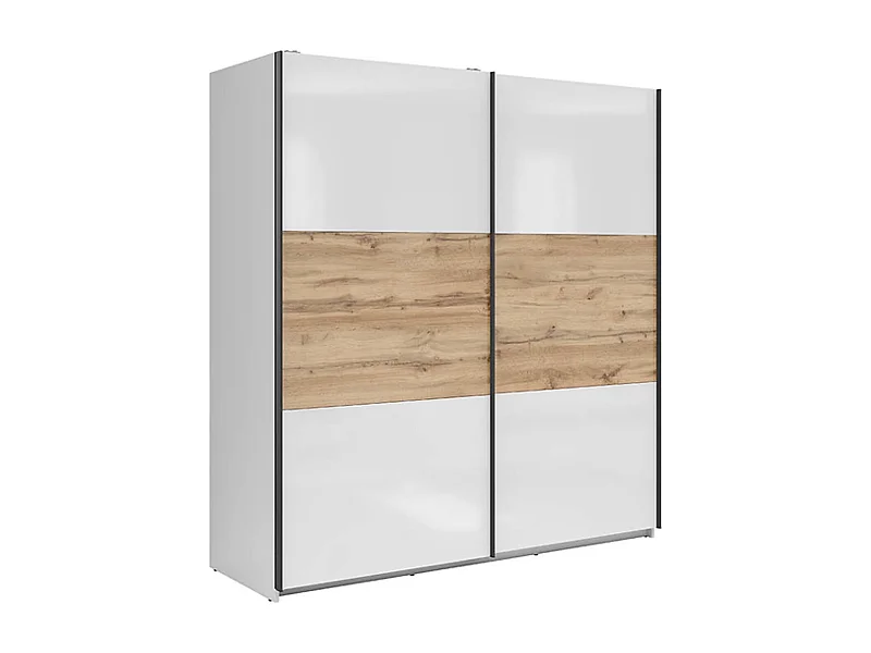 Armoire à 2 portes coulissante coloris Blanc brillant/Chêne wotan - Longueur 183 x Profondeur 60 x Hauteur 195,5 cm