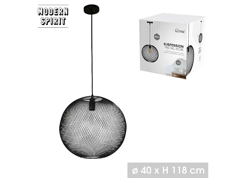 Suspension Protocole Home (Ø 40 cm) en métal ajouré noir mat, hauteur réglable 118 cm, douille E27.