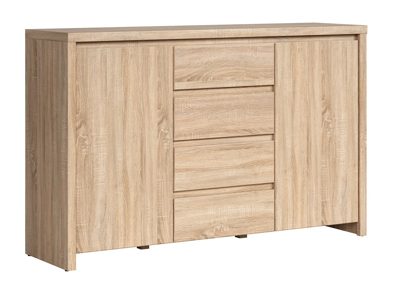 Commode buffet meuble de rangement à 2 portes et 4 tiroirs, coloris chêne Sonoma - Longueur 143,5 x Profondeur 40,5 x Hauteur 92 cm