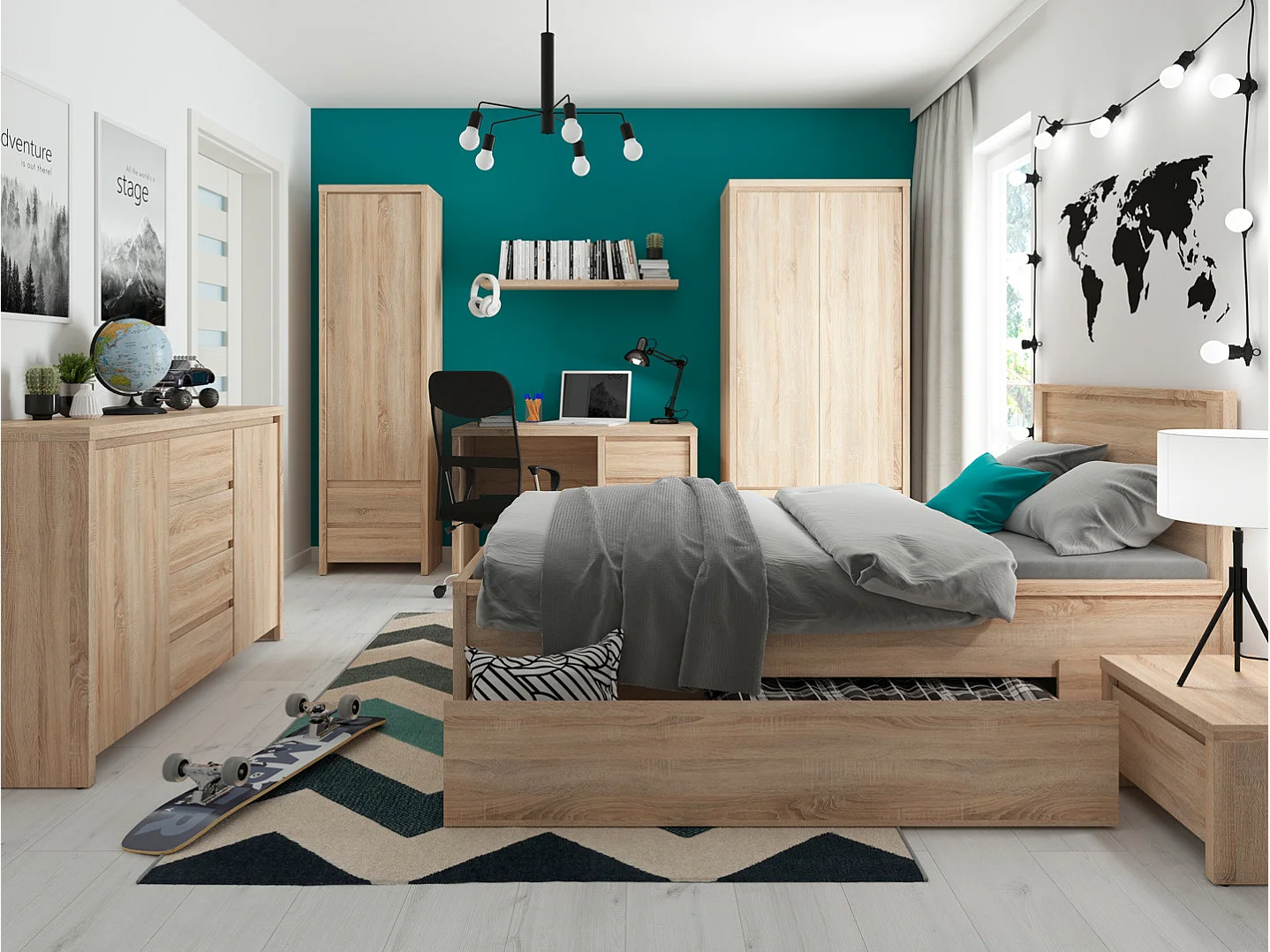 Commode buffet meuble de rangement à 2 portes et 4 tiroirs, coloris chêne Sonoma - Longueur 143,5 x Profondeur 40,5 x Hauteur 92 cm