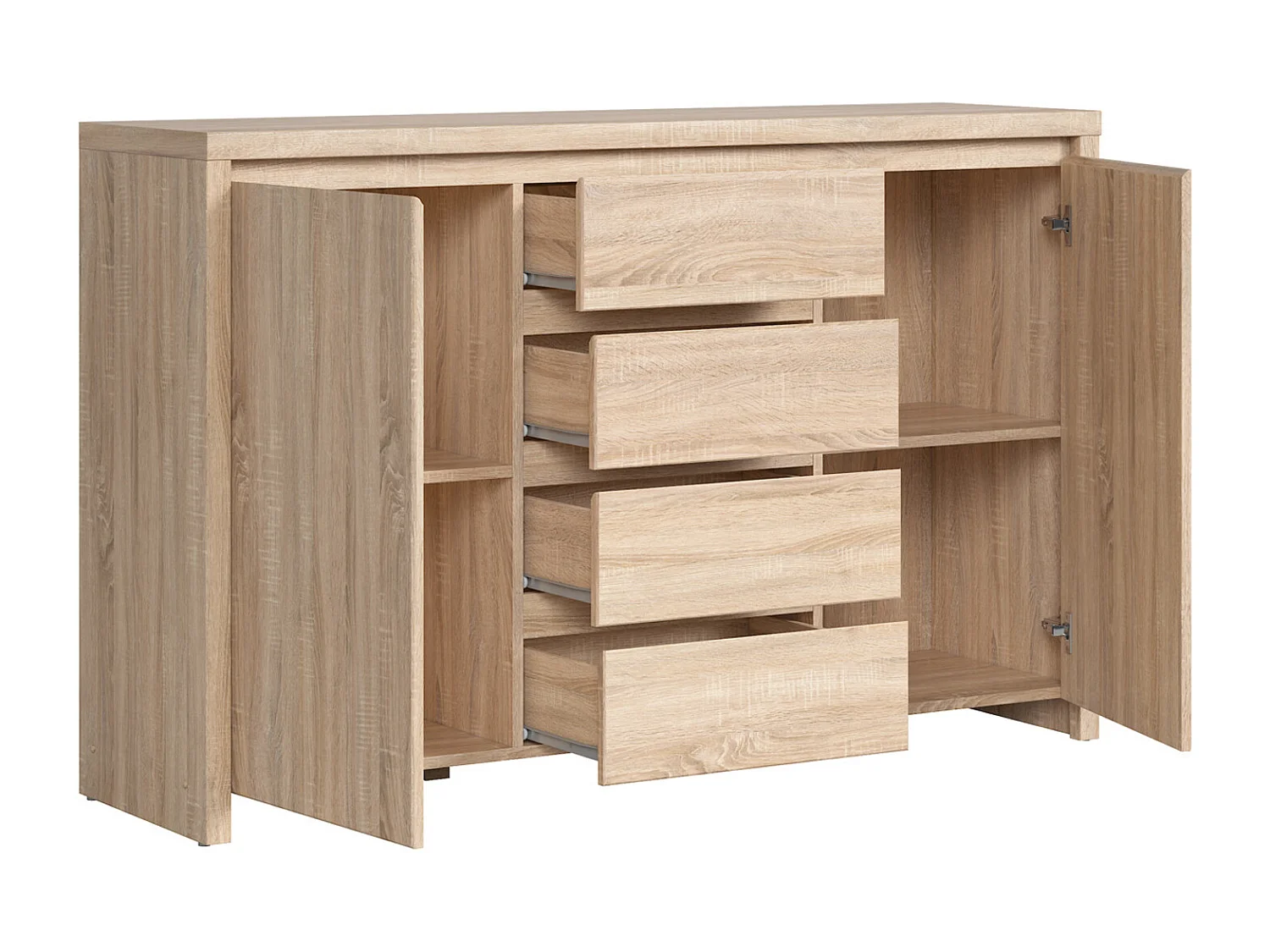 Commode buffet meuble de rangement à 2 portes et 4 tiroirs, coloris chêne Sonoma - Longueur 143,5 x Profondeur 40,5 x Hauteur 92 cm