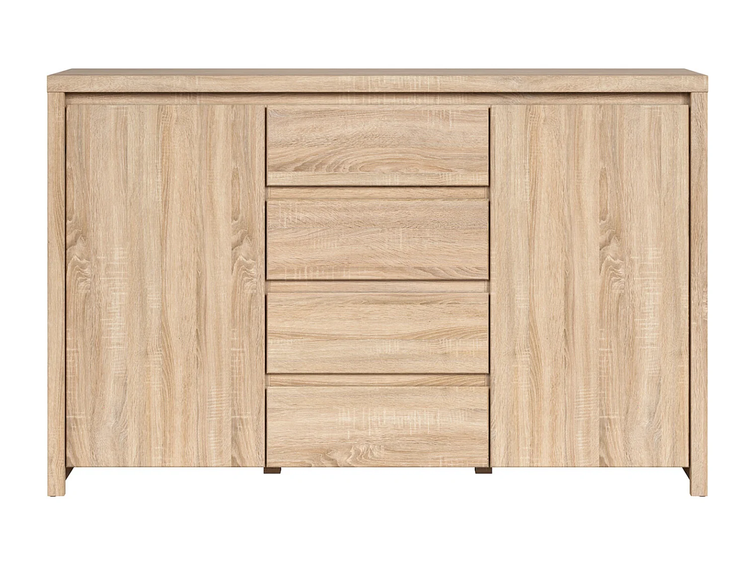 Commode buffet meuble de rangement à 2 portes et 4 tiroirs, coloris chêne Sonoma - Longueur 143,5 x Profondeur 40,5 x Hauteur 92 cm