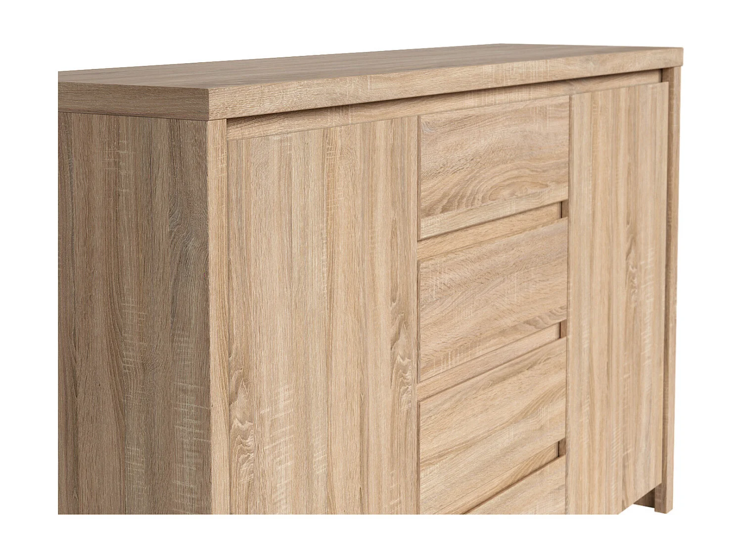 Commode buffet meuble de rangement à 2 portes et 4 tiroirs, coloris chêne Sonoma - Longueur 143,5 x Profondeur 40,5 x Hauteur 92 cm