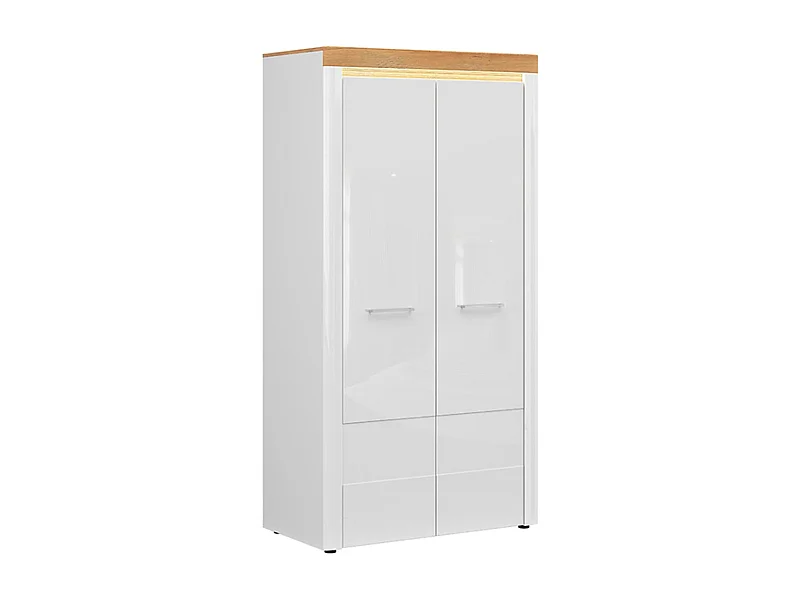 Armoire à 2 portes Placard éclairage LED coloris Chêne doré/Blanc haute brillance - Longueur 106,5 x Profondeur 56 x Hauteur 205 cm