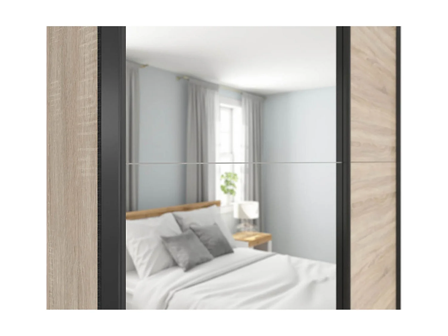 Armoire coulissante avec miroir coloris chêne Sonoma - Longueur 183 x Profondeur 60 x Hauteur 195,5 cm