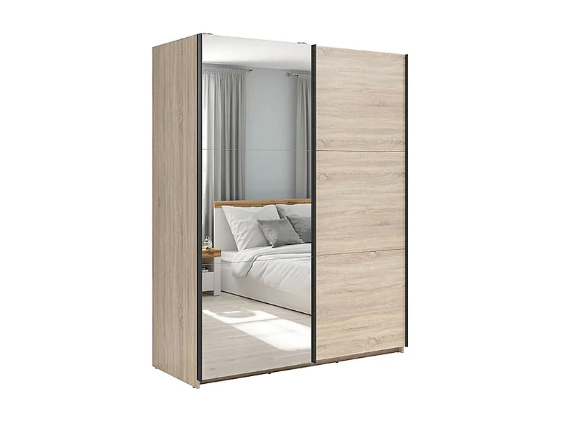 Armoire coulissante avec miroir coloris chêne Sonoma - Longueur 183 x Profondeur 60 x Hauteur 195,5 cm